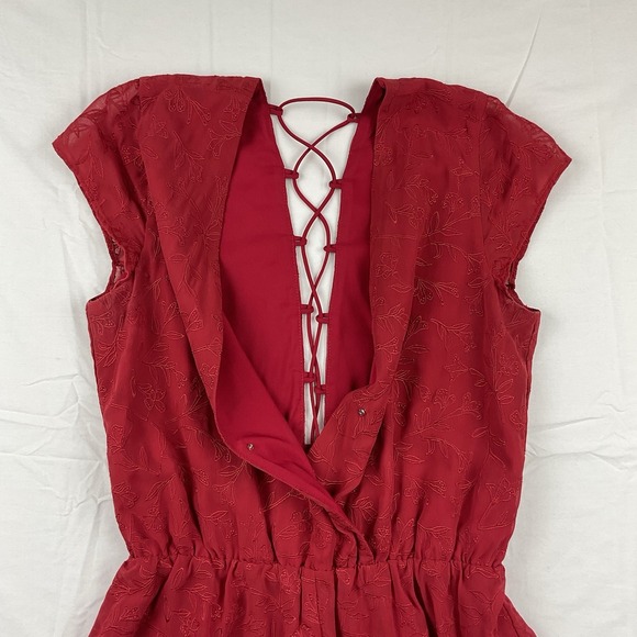 Lovers And Friends Red Lace Up Romper Small Floral Embroidered Ruffle Festival - Picture 4 of 8